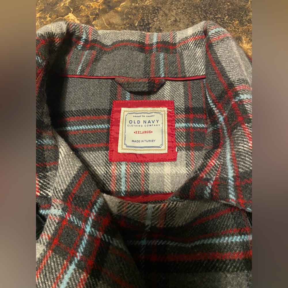 Old Navy Women Plaid Pea Coat - Red, Gray, and Blue